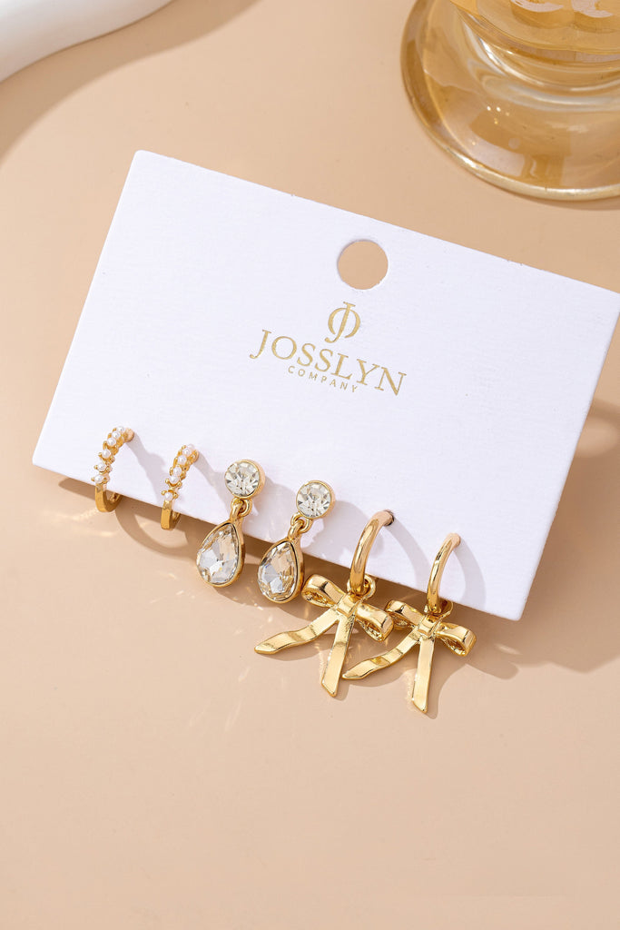 Pearl Crystal Teardrop Bow Trio Earring Set | 80E61791
