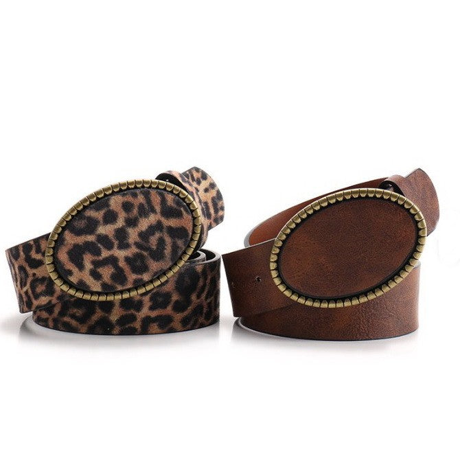 Western Oval Buckle Faux Leather & Leopard Belt | 40BT660