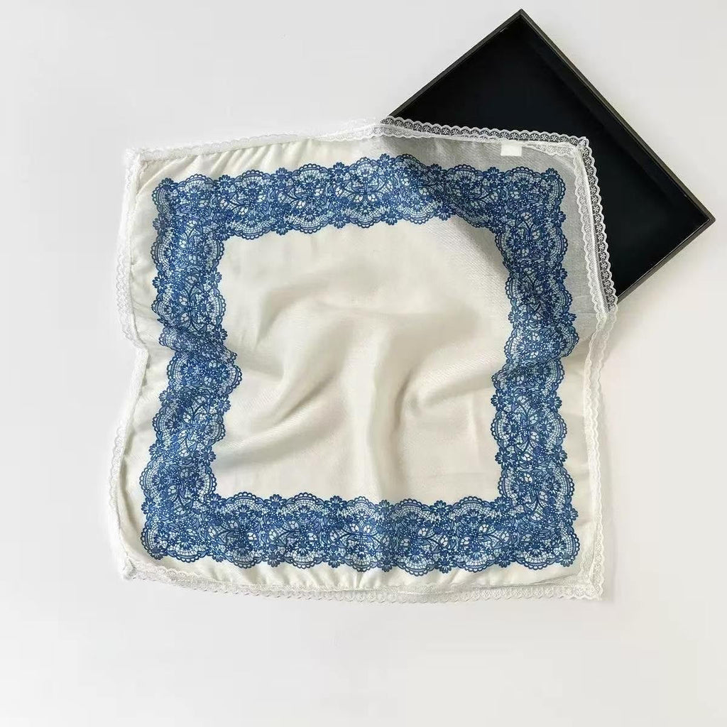 Lace Border Blue Lace-Print Square Scarf | 40SC763