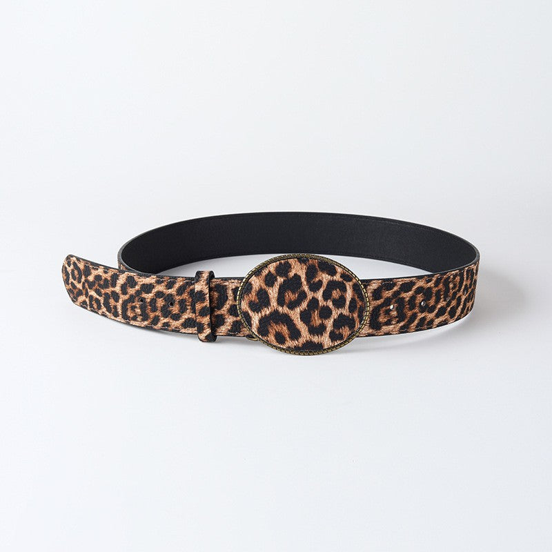 Western Oval Buckle Faux Leather & Leopard Belt | 40BT660