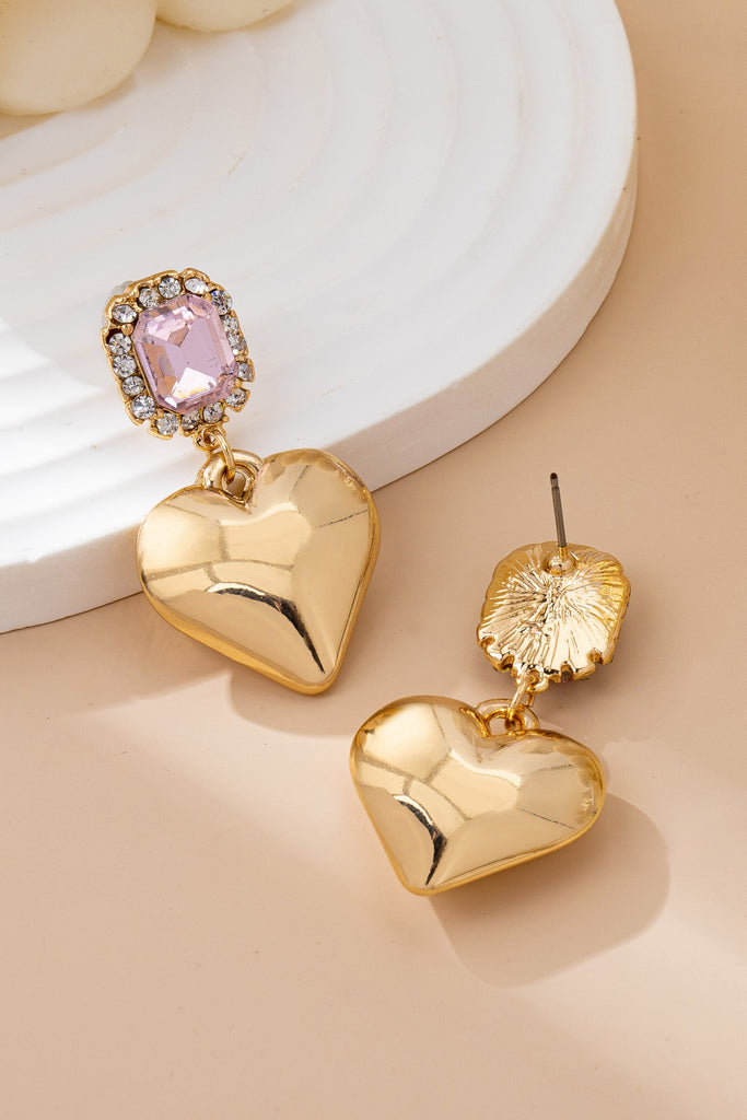 Gold Puffy Heart & Crystal Drop Earrings | 80E61850