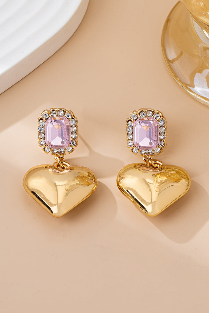 Gold Puffy Heart & Crystal Drop Earrings | 80E61850