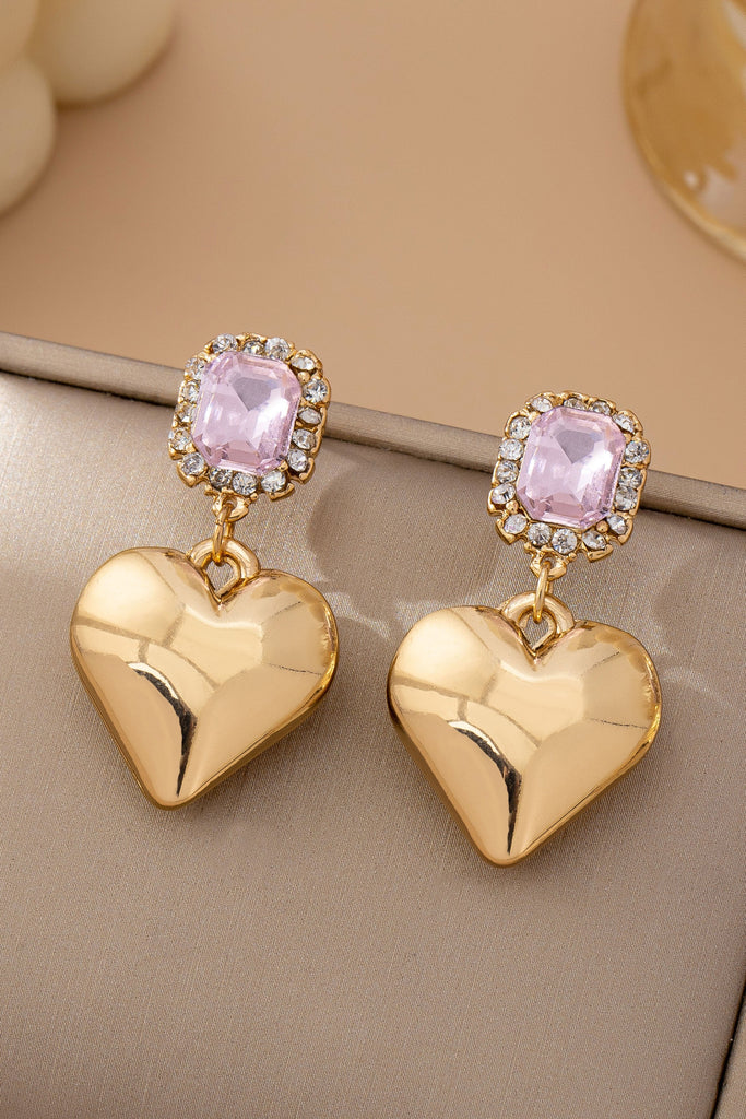Gold Puffy Heart & Crystal Drop Earrings | 80E61850