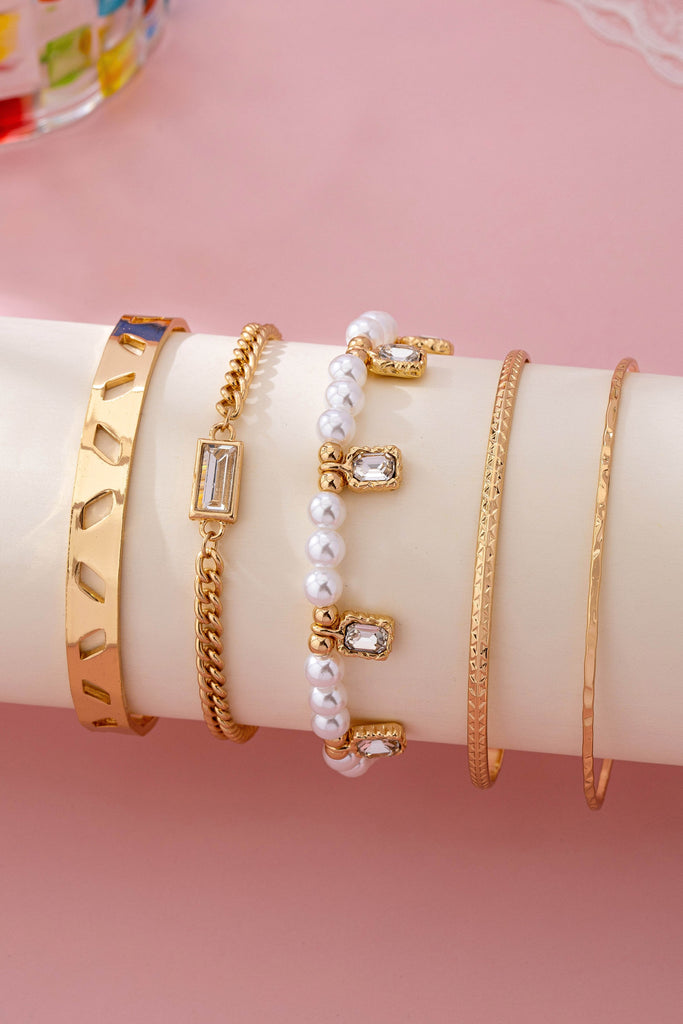 Gold Pearl & Crystal Drop Layered Bracelet Set | 80B1618