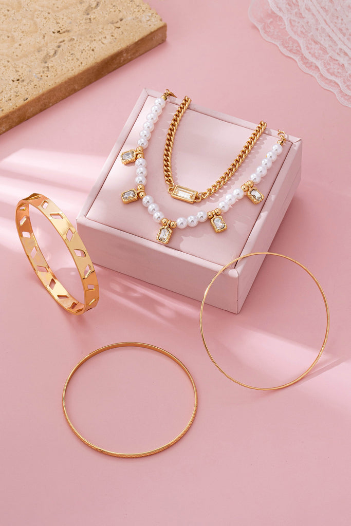 Gold Pearl & Crystal Drop Layered Bracelet Set | 80B1618