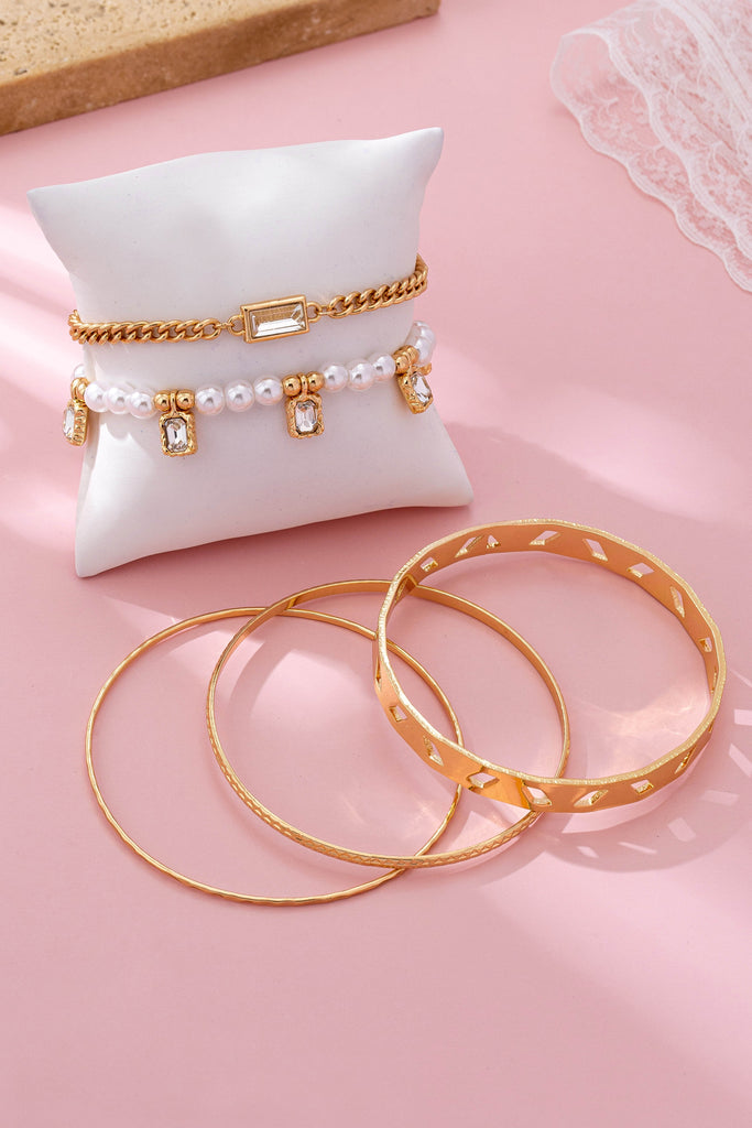 Gold Pearl & Crystal Drop Layered Bracelet Set | 80B1618