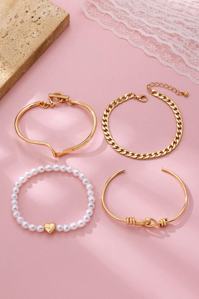 Gold Pearl Heart Charm Multi Bracelet Set | 80B1621