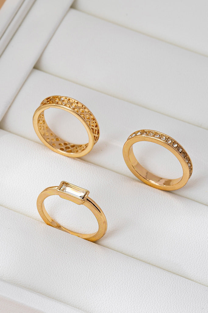 Gold Textured & Crystal Stacking Ring Trio | 80R154