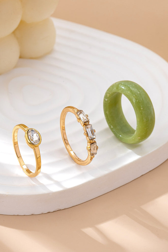 Jade & Crystal Gold Stacking Ring Trio | 80R156