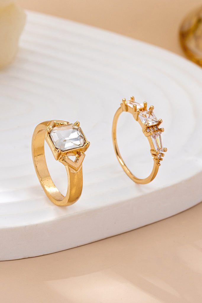 Gold-Tone Emerald-Cut Crystal Statement Ring Duo | 80R180
