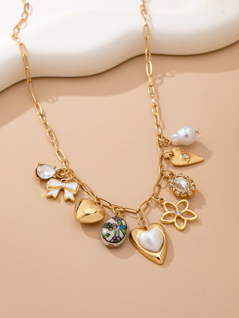 Charm Necklace-Charming Heart Bow & Pearl Dangle | 80N92810