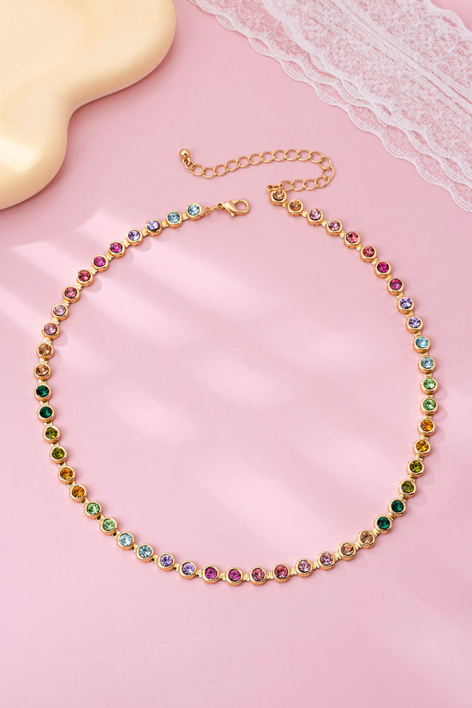 Rainbow Bezel-Set Gemstone Tennis Necklace | 80N92827