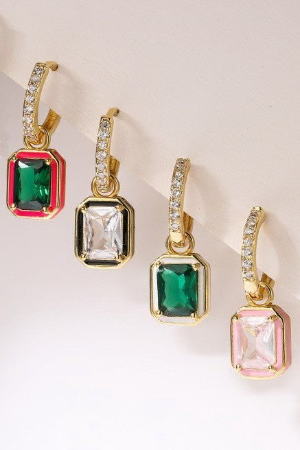 Enamel & Emerald-Cut Crystal Huggie Drop Earrings | 40E475