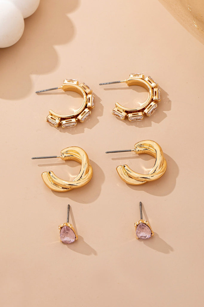 Pink Crystal & Gold Hoop Earring Set | 80E62083
