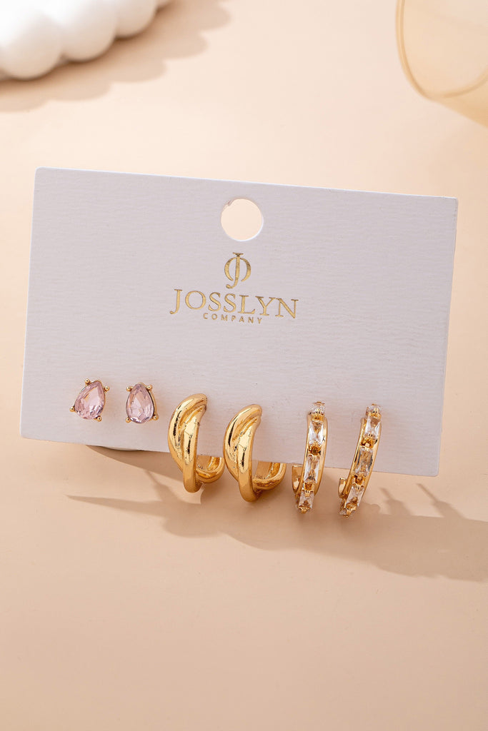 Pink Crystal & Gold Hoop Earring Set | 80E62083