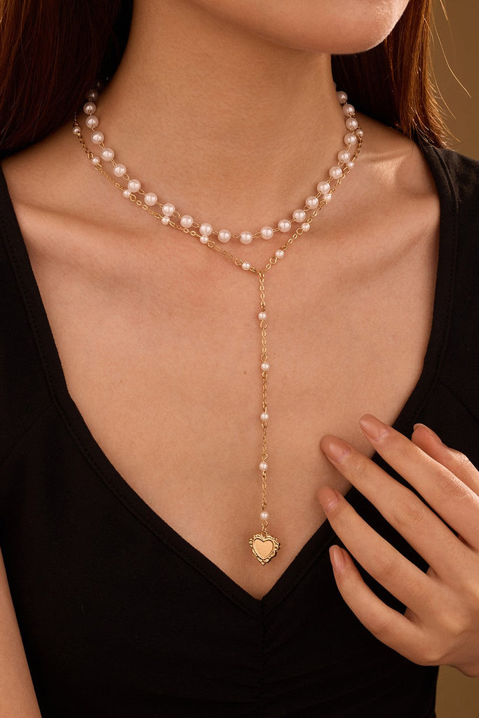 Layered Pearl Y-Necklace with Heart Pendant | 40NK9672