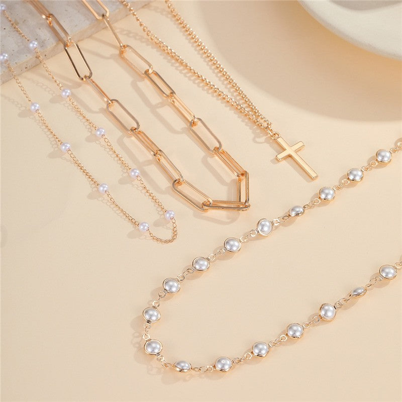 Layered Gold & Pearl Cross Statement Necklace Set | 40NK9673