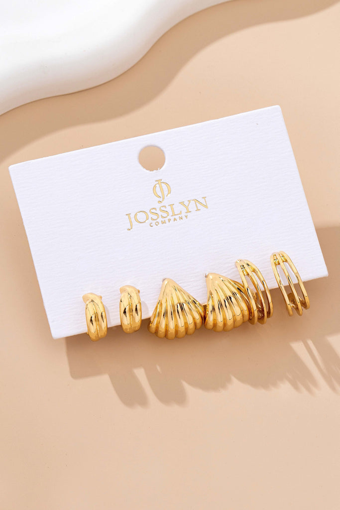 Vintage Gold Shell & Ribbon Hoop Trio Earrings | 80E62115