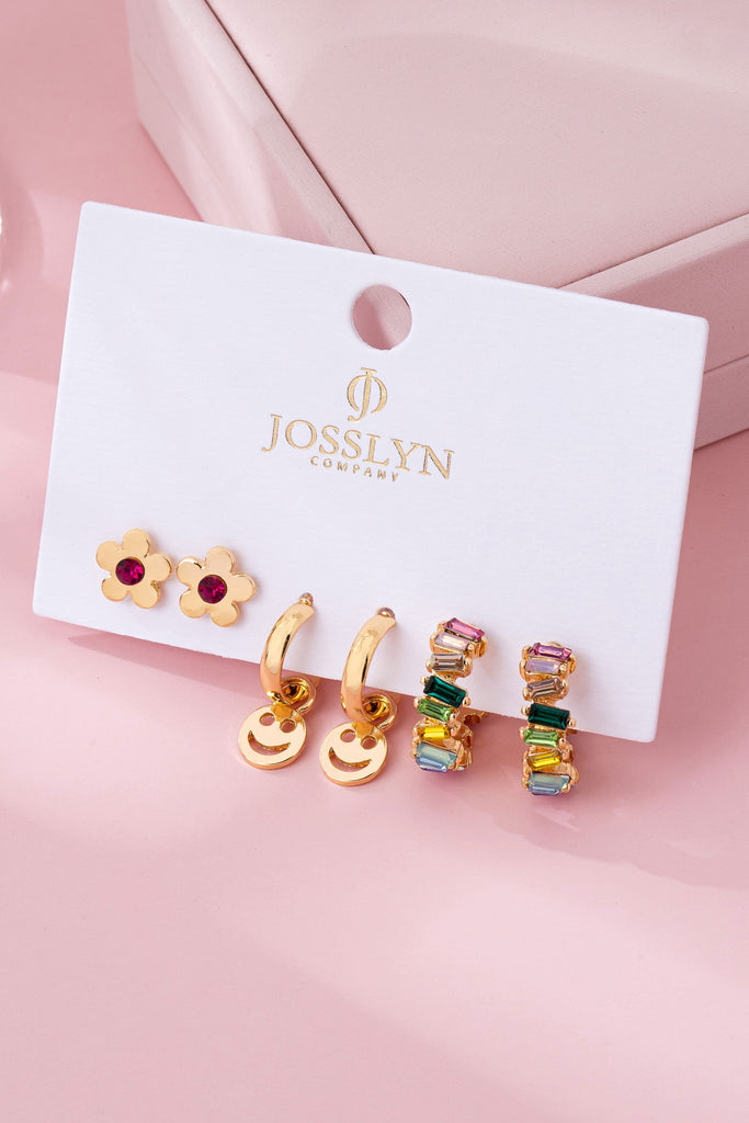 Rainbow Crystal, Smiley, and Floral Trio Earrings | 80E62109