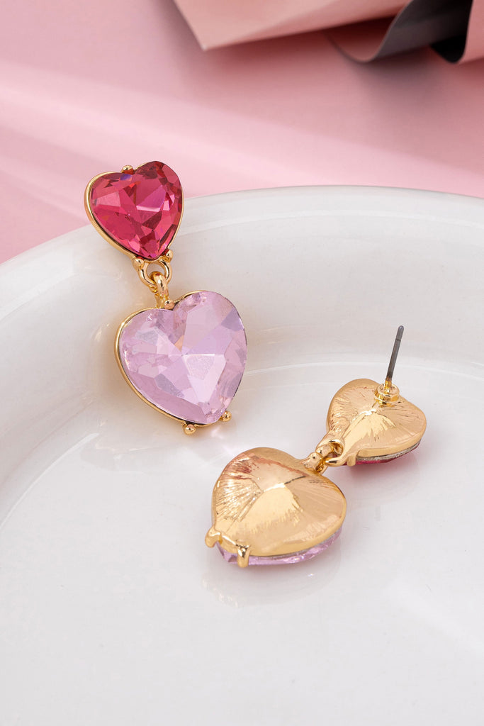 Amethyst & Rose Crystal Double Heart Drop Earrings | 80E62097