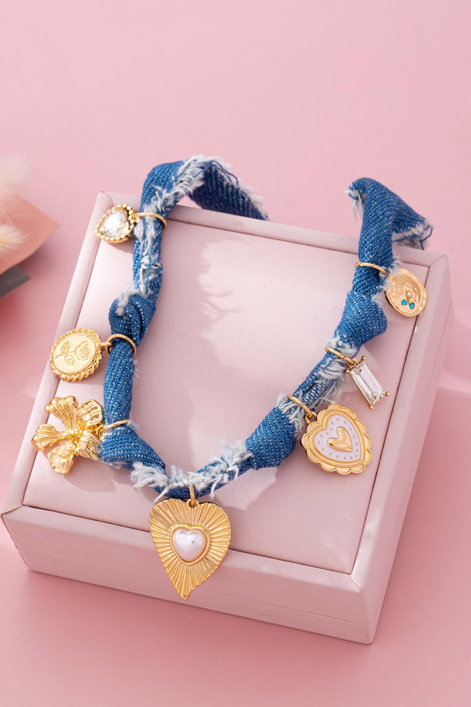 Distressed Denim Heart Floral Charm Necklace | 80N92861