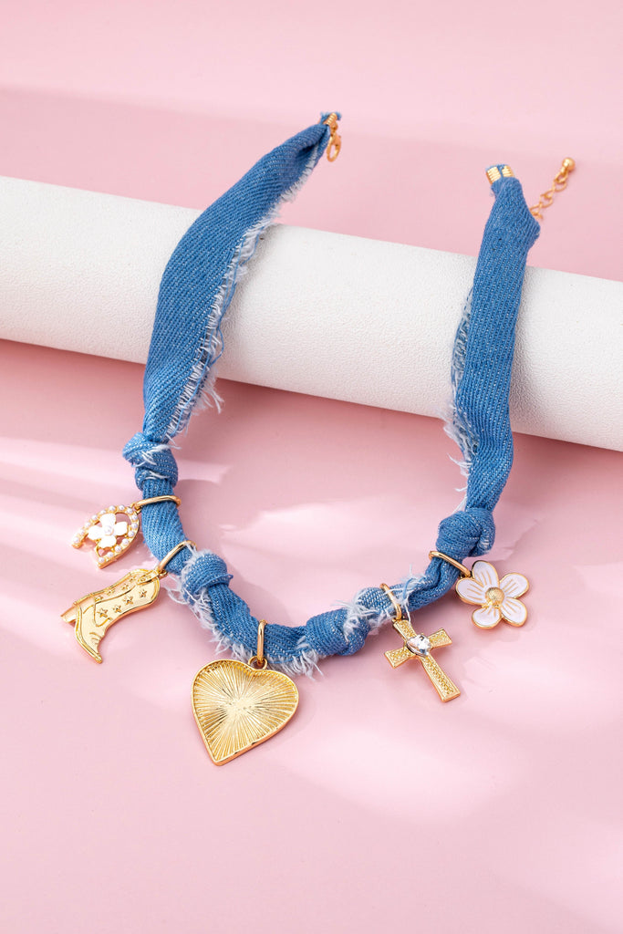 Western Denim Cowboy Boot & Cross Charm Necklace | 80N92859