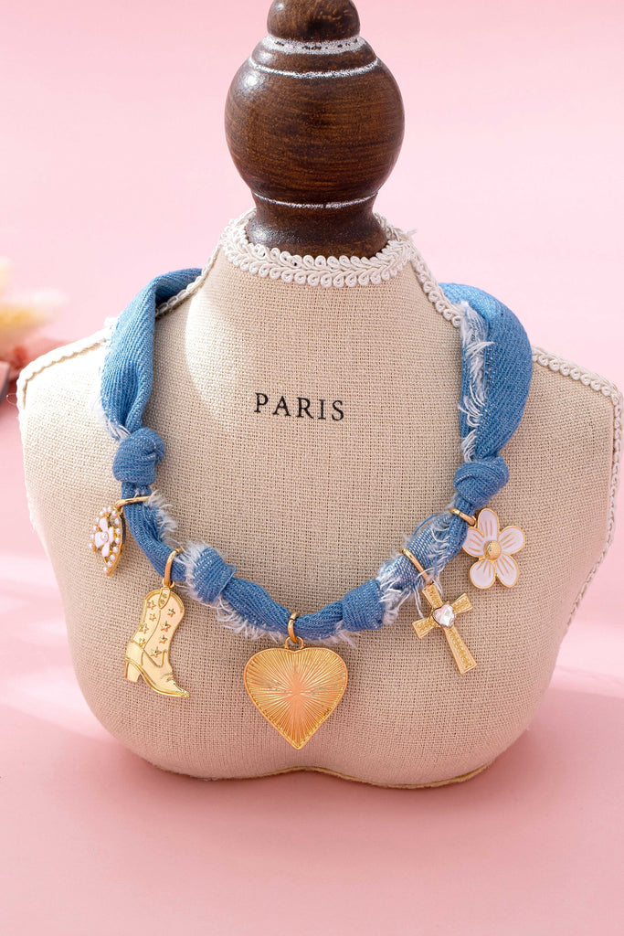 Western Denim Cowboy Boot & Cross Charm Necklace | 80N92859