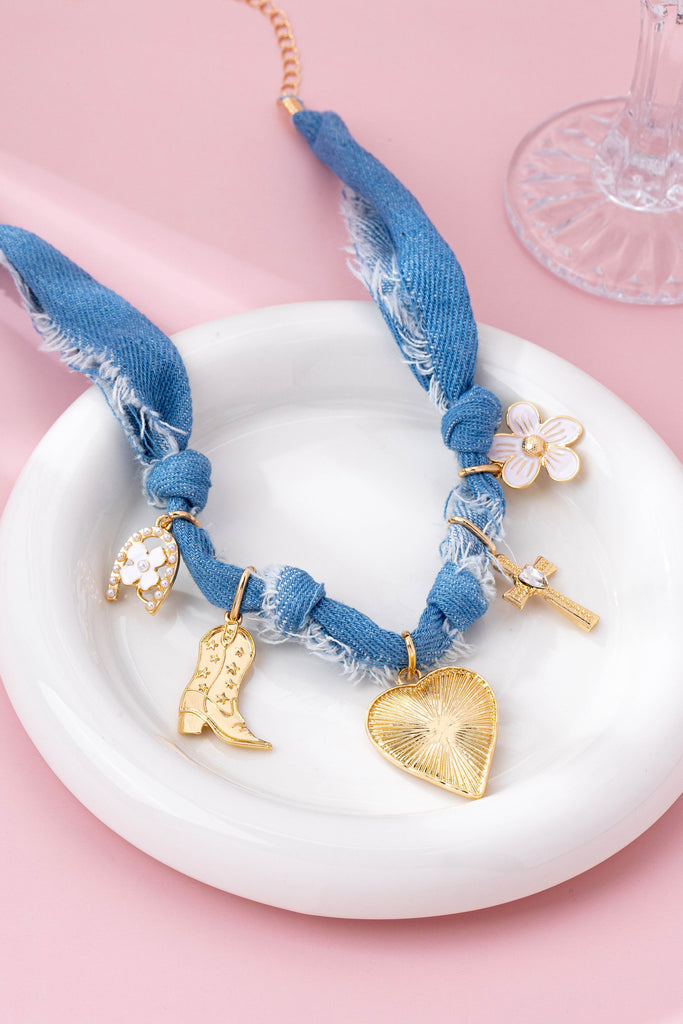 Western Denim Cowboy Boot & Cross Charm Necklace | 80N92859