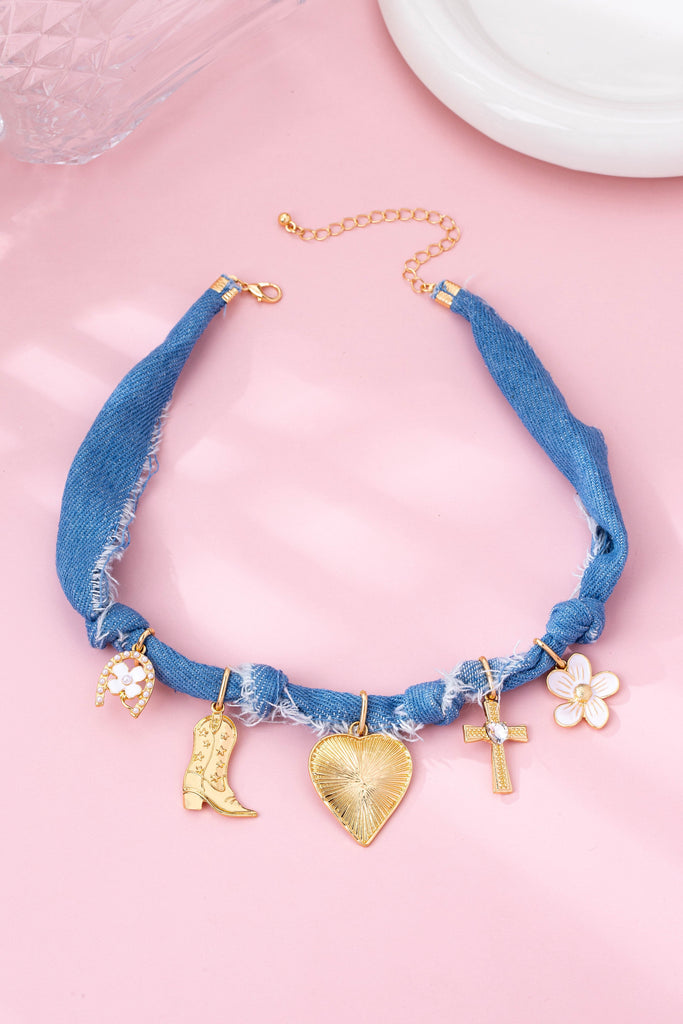 Western Denim Cowboy Boot & Cross Charm Necklace | 80N92859