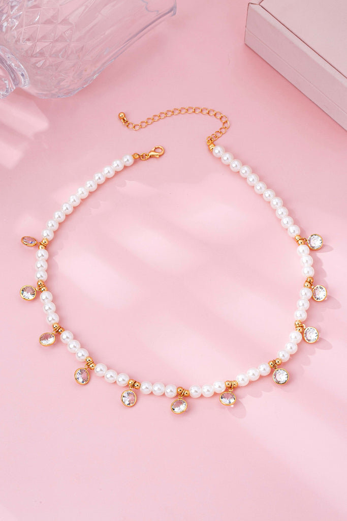 Crystal Drop Charm Pearl Station Necklace | 80N92862