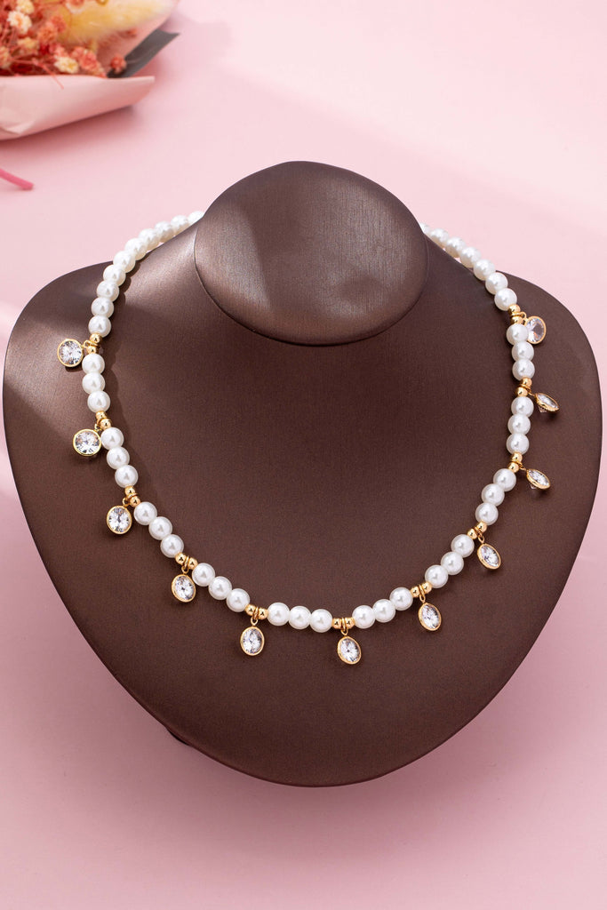 Crystal Drop Charm Pearl Station Necklace | 80N92862