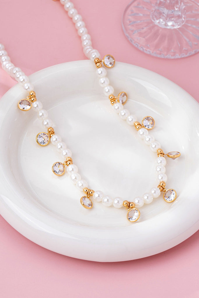 Crystal Drop Charm Pearl Station Necklace | 80N92862