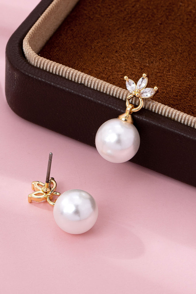 CZ Crystal Floral Pearl Drop Earrings | 80E61986
