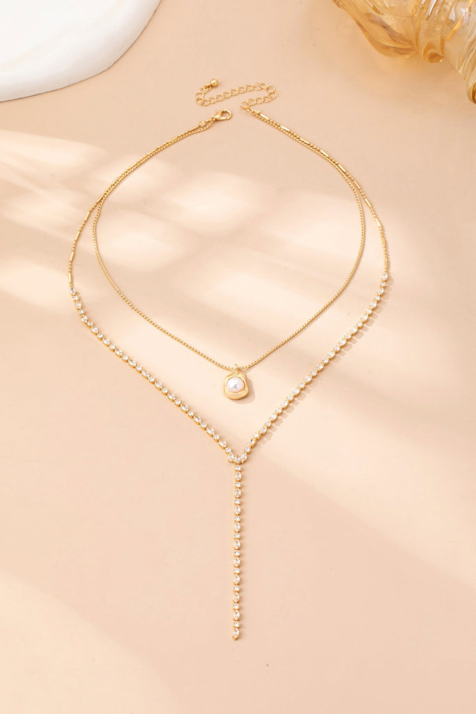Layered Y Pearl and CZ Crystal Necklace | 80N92885