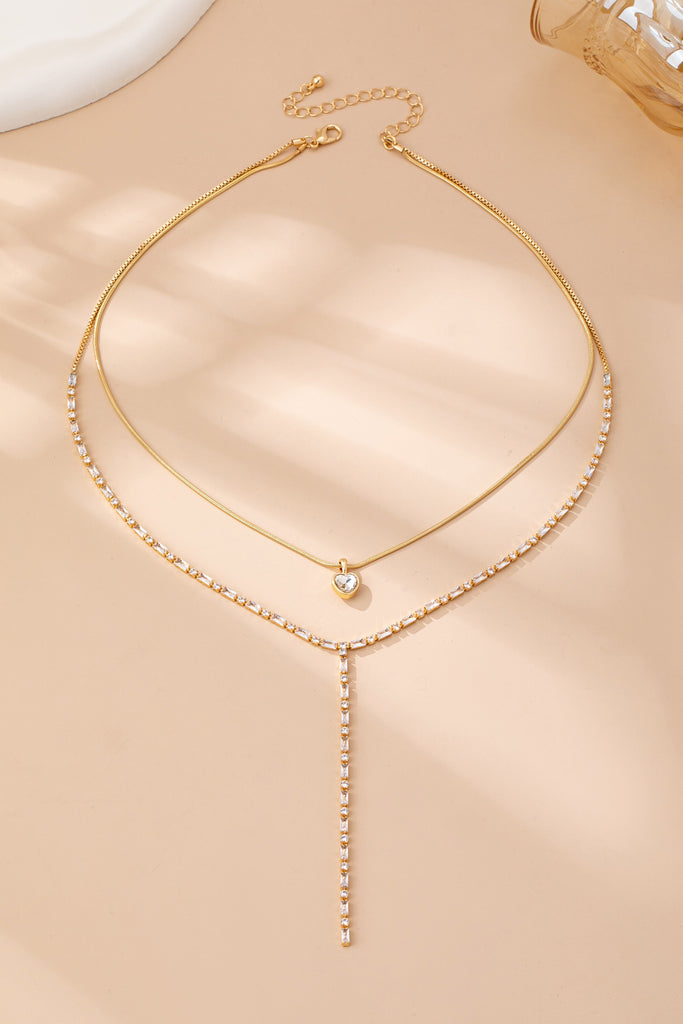 Layered Y Heart and Baguette CZ Crystal Necklace | 80N92886