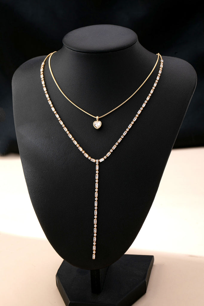 Layered Y Heart and Baguette CZ Crystal Necklace | 80N92886