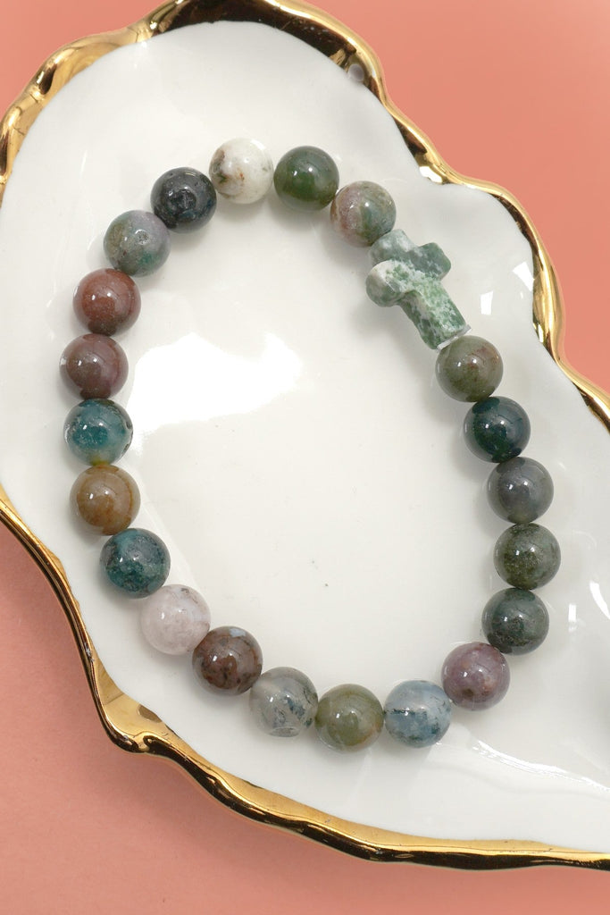 Boho Natural Stone Cross Charm Beaded Bracelet | 40B5248