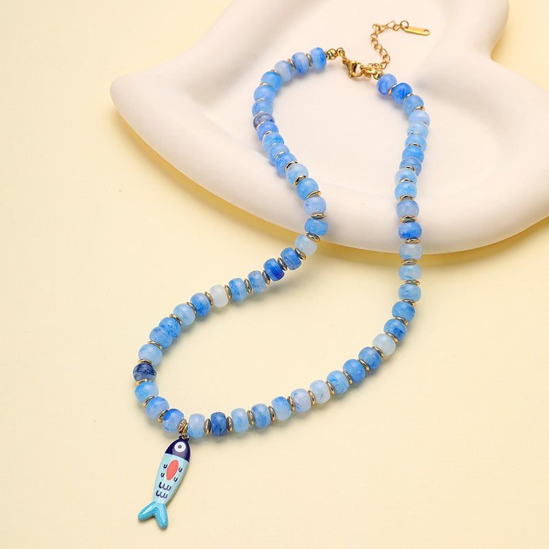 Resin Bead & Enamel Fish Charm Strand Necklace | 40NK9808