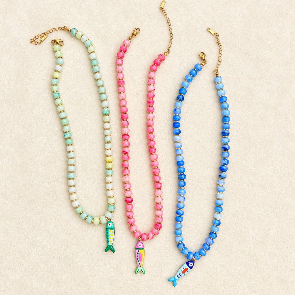 Resin Bead & Enamel Fish Charm Strand Necklace | 40NK9808
