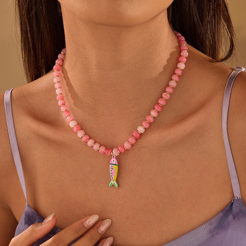 Resin Bead & Enamel Fish Charm Strand Necklace | 40NK9808