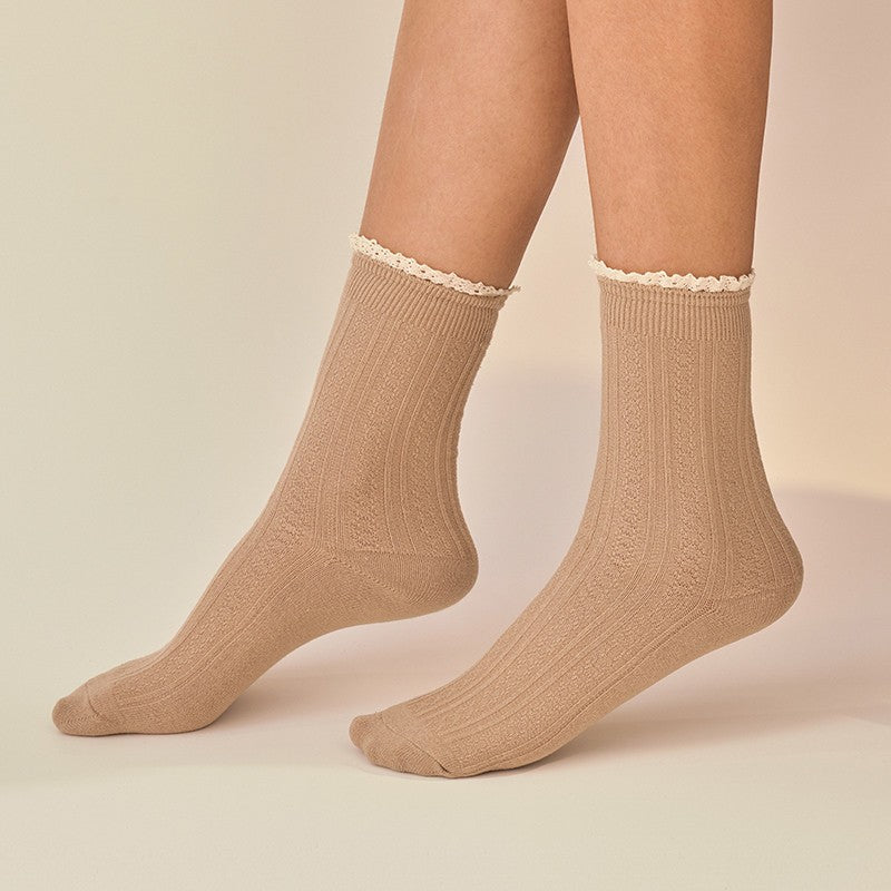Vintage Lace Trim Cable Knit Crew Socks | 40S02101