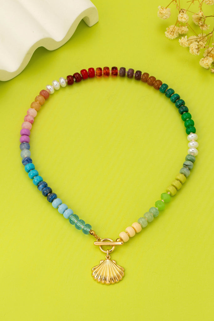 Rainbow Beaded Seashell Charm Necklace | 80N92899