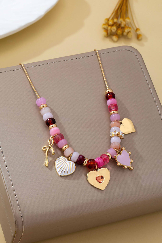 Pink Beaded Heart and Shell Charm Necklace | 80N92903