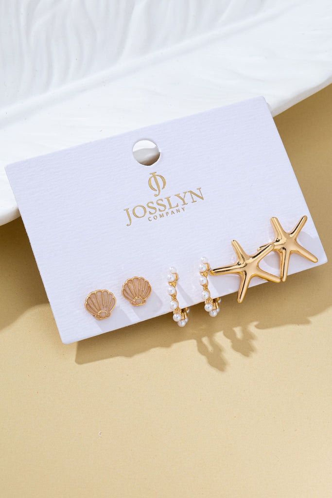 Nautical Shell Starfish Pearl Trio Earring Set | 80E62026