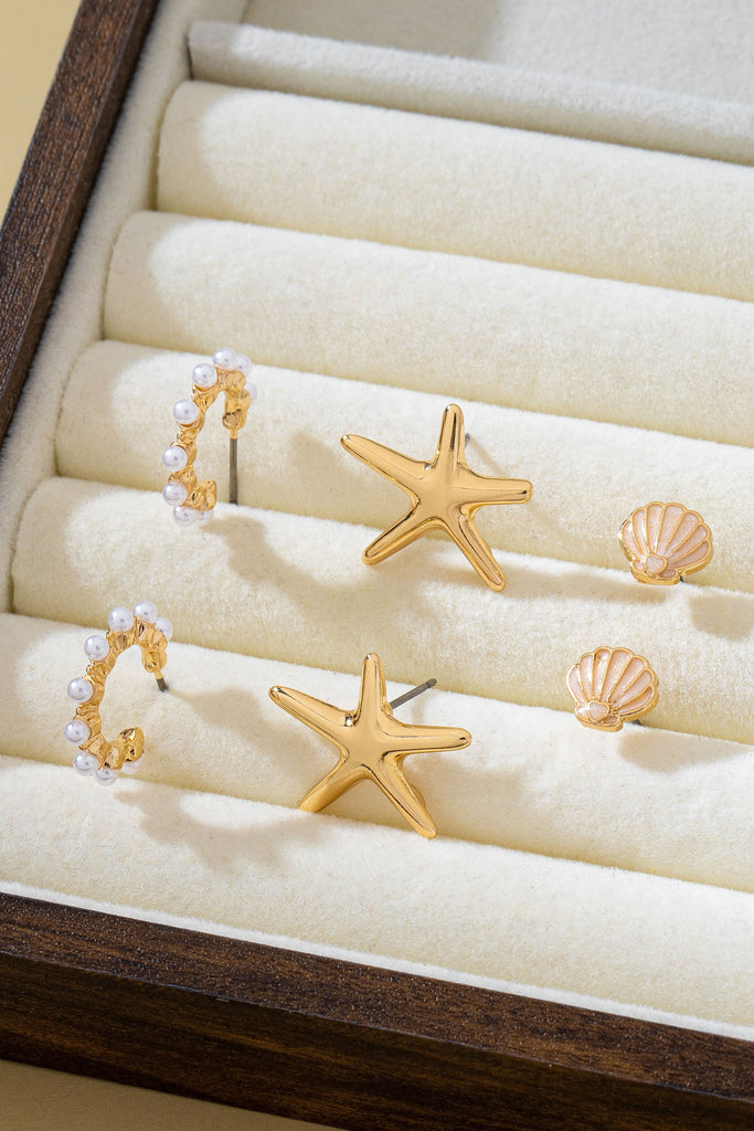 Nautical Shell Starfish Pearl Trio Earring Set | 80E62026