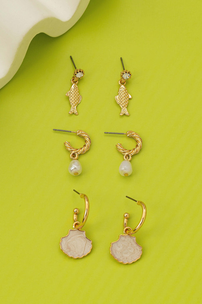 Fish Shell Pearl Marine Trio Earring Set | 80E62030