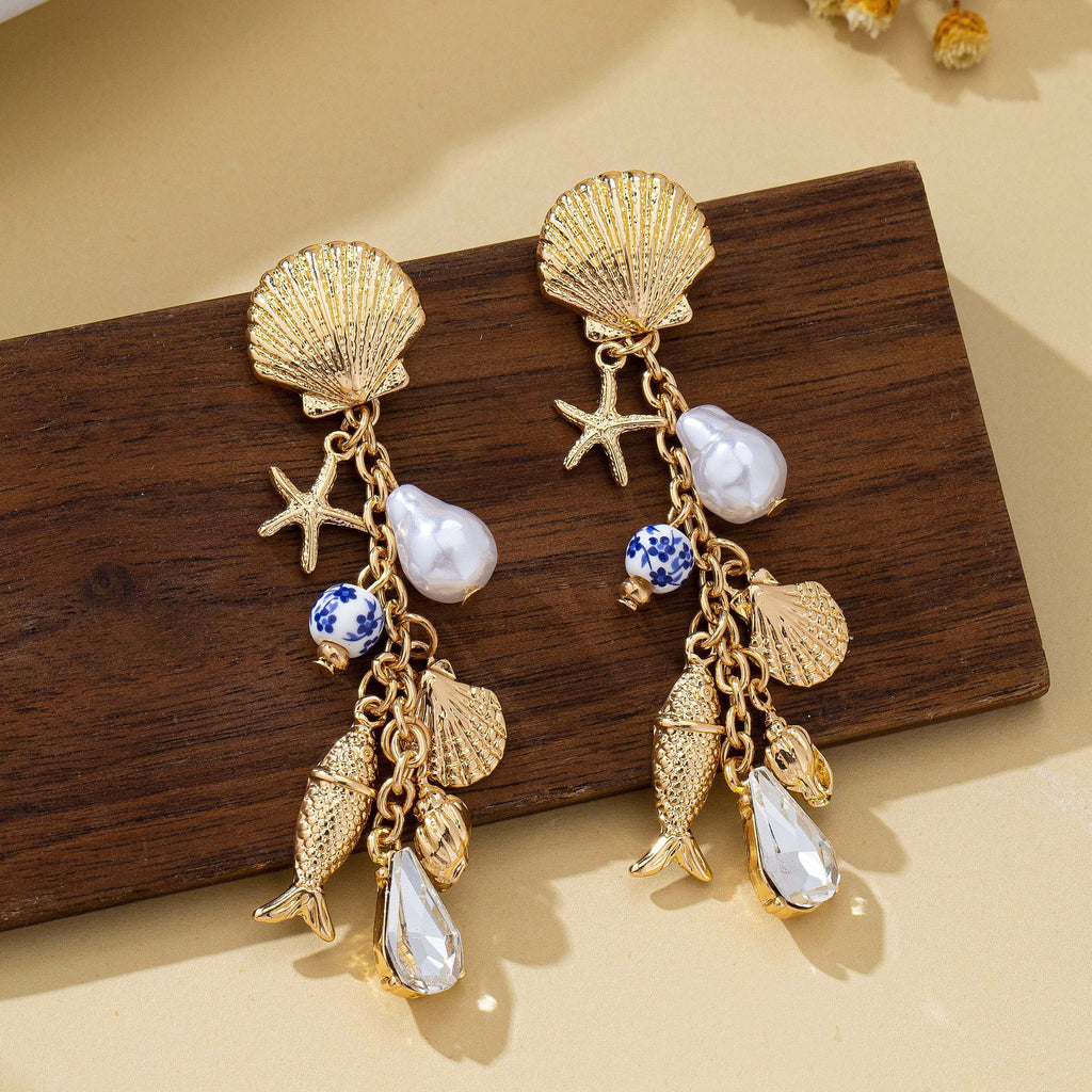 Pearl Shell Fish Cluster Charm Drop Earrings | 80E62042