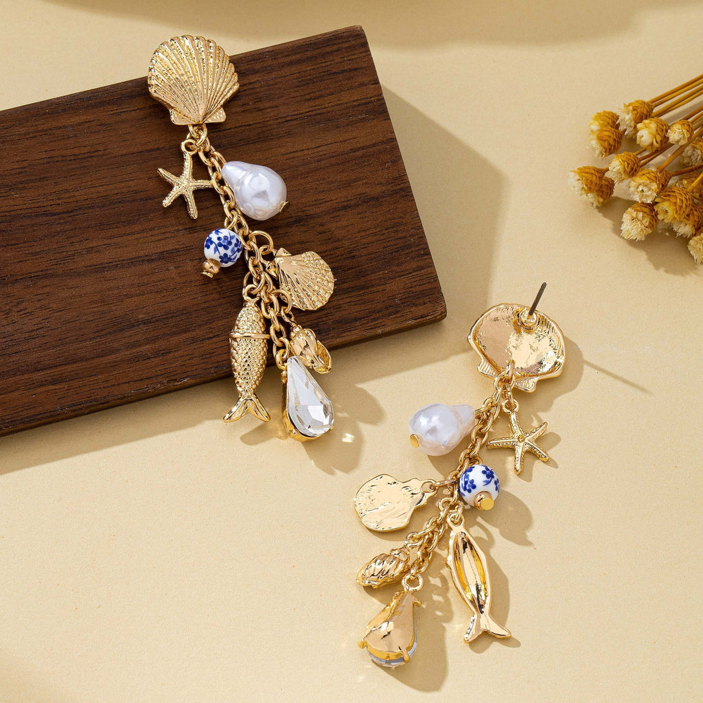Pearl Shell Fish Cluster Charm Drop Earrings | 80E62042