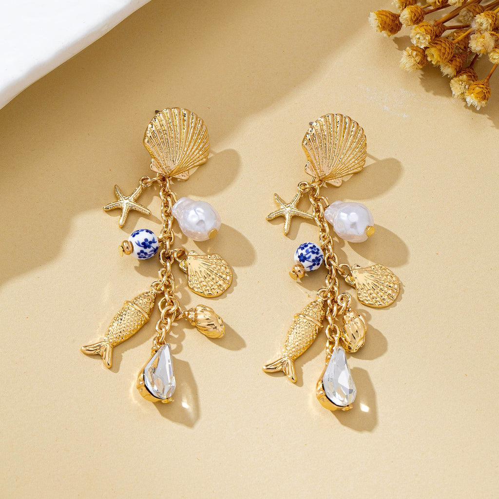 Pearl Shell Fish Cluster Charm Drop Earrings | 80E62042