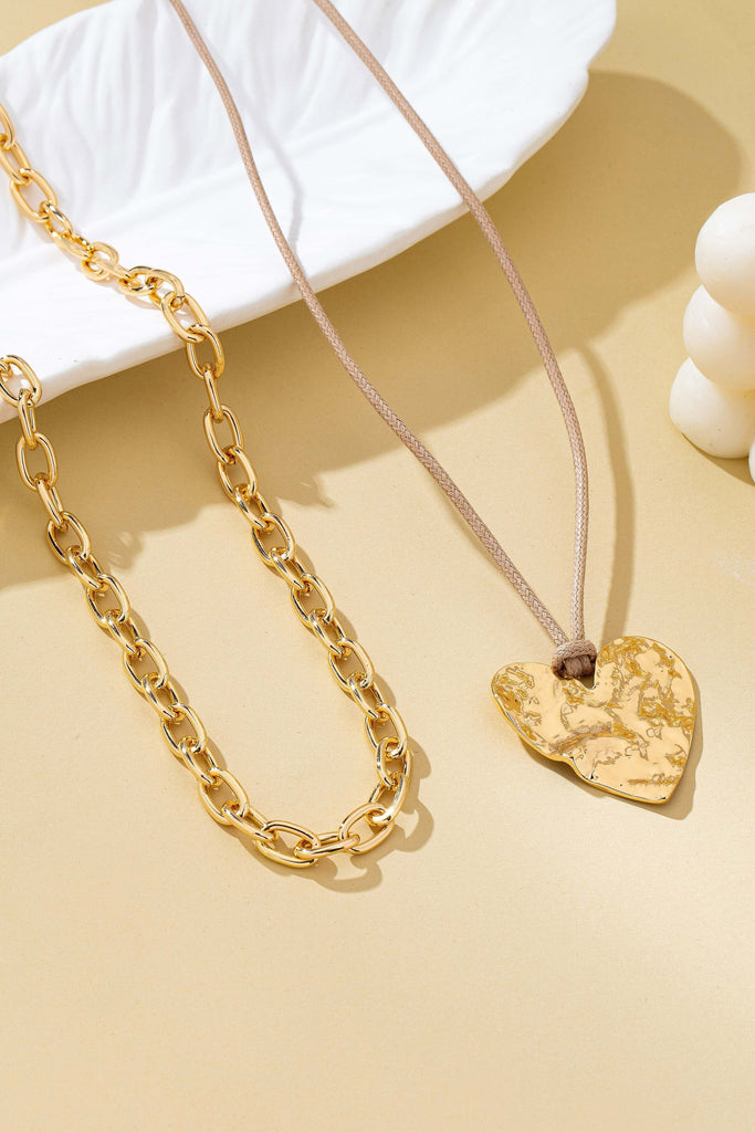Hammered Heart Layered Cord Landyard Necklace | 80N93001